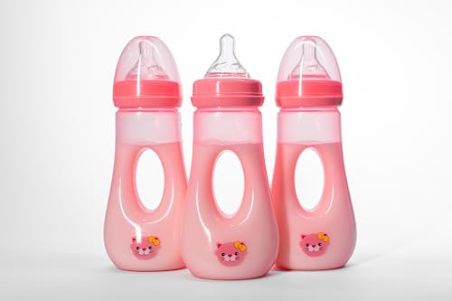 Avima Easy Grip Anti Colic Baby Bottles, BPA Free, 8 oz. Wide Neck w/Medium Flow Silicone Nipples & Bottle Brush Pink Set (Pack of 3)