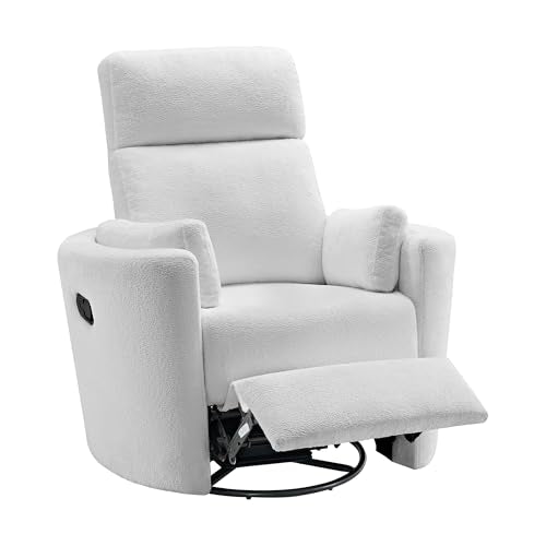 Soho Baby Nottingham Upholstered Glider Recliner Rocking Chair 360° Swivel for Nursery and Living Room, Plush White