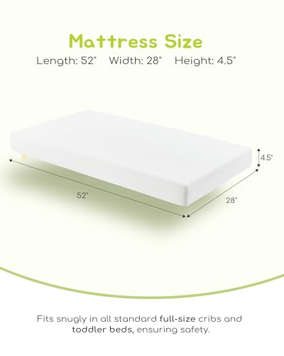 ATTABABY Breathable Crib Mattress, Baby Safety Alliance Verified, CertiPUR-US and Oeko-TEX Approved, Standard Full Size for Crib & Toddler Bed, Waterproof Machine Washable Cover, 52” x 27.6”