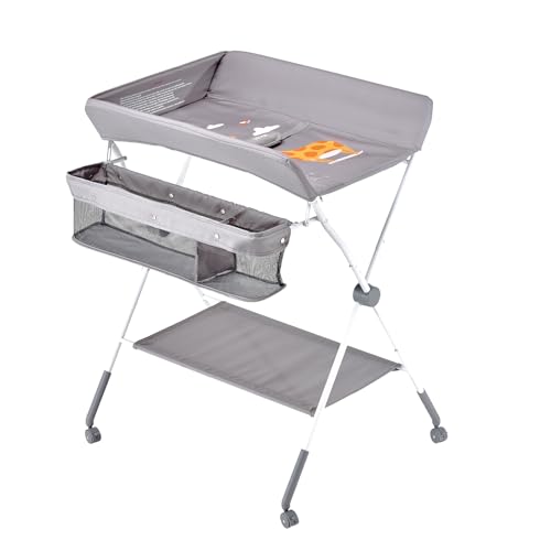 VEVOR Baby Changing Table, Foldable Diaper Change Station with Side Basket, Adjustable Height Changing Table with Lockable Wheels, Multi-Functional Nursery Storage Organizer, Gray