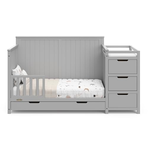 Graco Hadley 5-in-1 Convertible Crib & Changer – GREENGUARD Gold Certified, Fits Standard Crib Mattress, Converts to Toddler Bed and Full Bed, 4 Adjustable Mattress Heights (Pebble Gray)