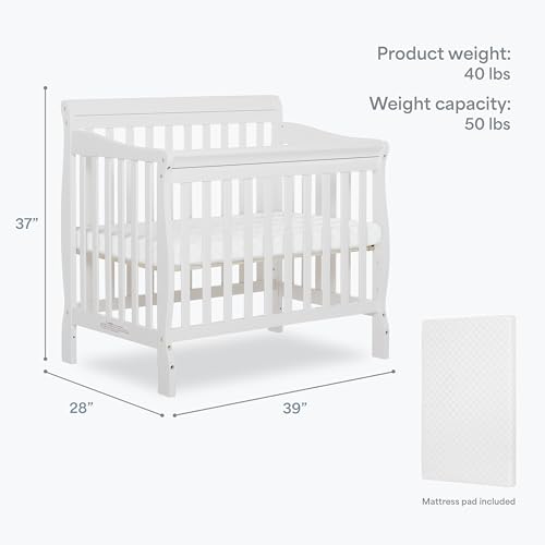 Dream On Me Aden 4-in-1 Convertible Mini Baby Crib, GREENGUARD Gold & BSA Certified, Sustainable Pinewood, Non-Toxic Finish, 3 Mattress Heights, Converts to Mini Day & Twin-Size Bed - White