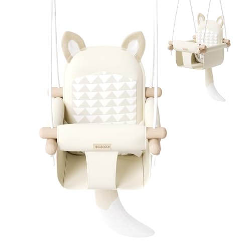 Wooden Hanging Baby Swing with Soft Safety Belt, Cozy Infant Swing Seat for Indoor & Outdoor Use, Adjustable Height, Includes Mounting Hardware – Suitable for Babies & Toddlers(Fox-Themed in Beige)