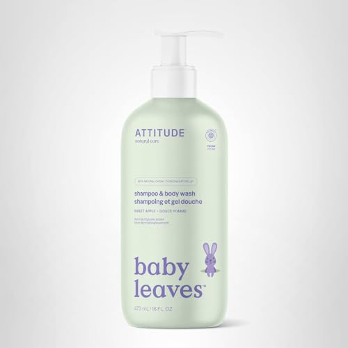 ATTITUDE Baby 2-in-1 Shampoo & Body Wash, EWG Verified, Dermatologically Tested, Vegan, Sweet Apple Scent, 16 Fl Oz