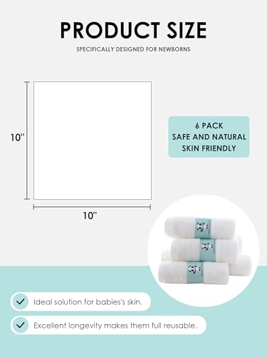 HIPHOP PANDA Baby Washcloths, Rayon Made from Bamboo - 2 Layer Ultra Soft Absorbent Newborn Bath Face Towel - Reusable Baby Wipes for Delicate Skin - White, 6 Pack