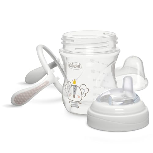 Chicco Transition Sippy Cup for Babies 4+ Months, 7oz Training Cup with Soft Silicone Spout, Easy Grip Removable Handles, Measurement Markings, BPA Free, Grey