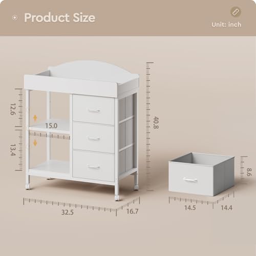 YeTom Changing Table Dresser, Baby Dresser with 3 Fabric Drawers and 2 Shelves, Multi-Functional Baby Changing Table with Pad, Classic Nursery Dresser, Diaper Changing Station for Nursery, White