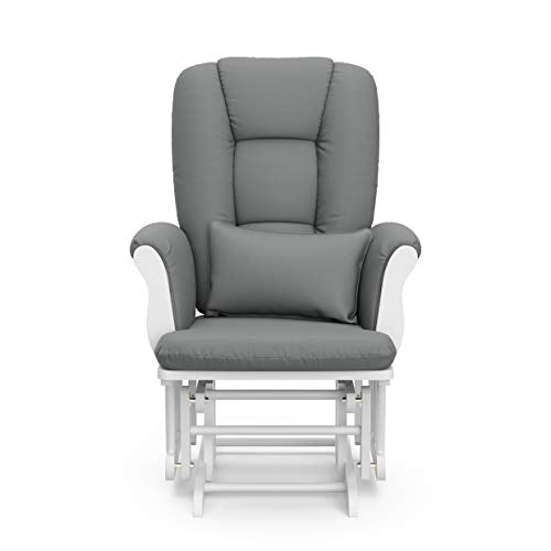 Storkcraft Tuscany Custom Glider and Ottoman with Free Lumbar Pillow (White/Grey) - Cleanable Upholstered Comfort Rocking Nursery Chair with Ottoman