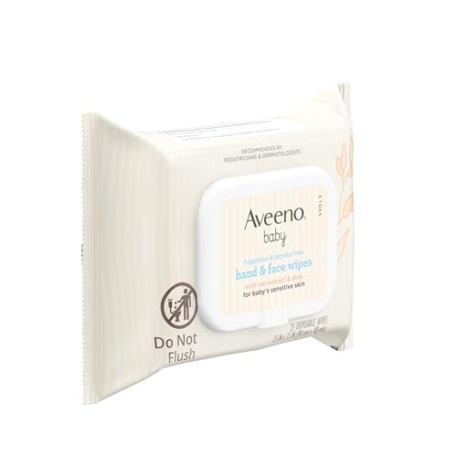 Aveeno Baby Fragrance-Free Hand & Face Wipes with Oat Extract & Aloe, Cleansing & Moisturizing Baby Wipes for Sensitive Skin, Sulfate-, Alcohol-, Paraben- & Dye-Free, Hypoallergenic, 25 ct (Pack of 4)