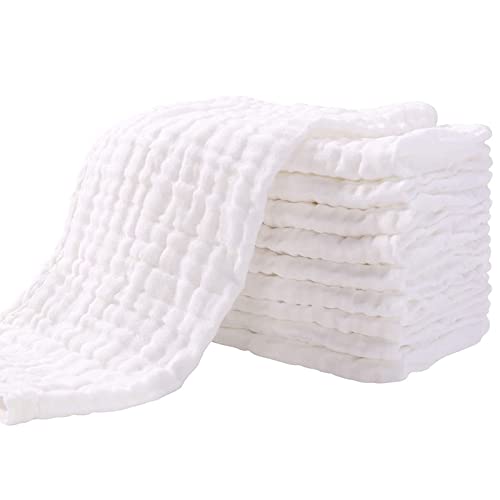 Yoofoss Muslin Burp Cloths for Baby 10 Pack 100% Organic Cotton Baby Washcloths for Boys Girls Large 20''X10'' Super Soft and Absorbent White