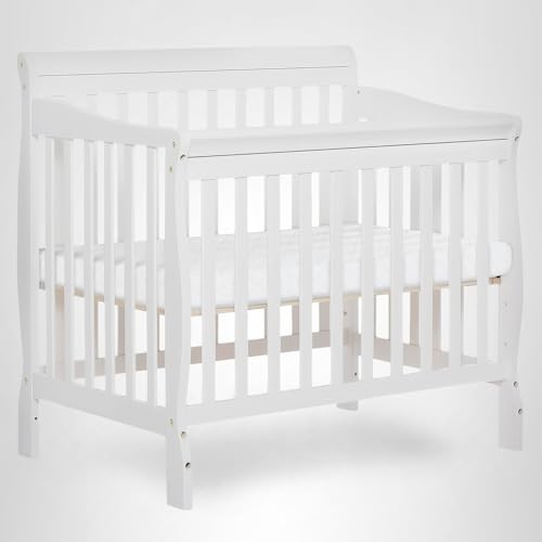 Dream On Me Aden 4-in-1 Convertible Mini Baby Crib, GREENGUARD Gold & BSA Certified, Sustainable Pinewood, Non-Toxic Finish, 3 Mattress Heights, Converts to Mini Day & Twin-Size Bed - White