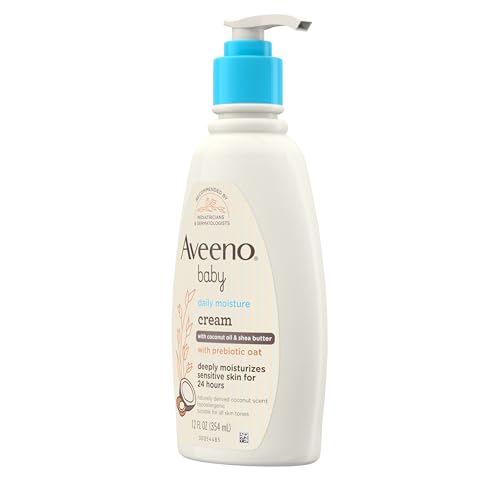 Aveeno Baby Daily Moisturizing Cream with Prebiotic Oat, Hypoallergenic Baby Lotion with Coconut Oil & Shea Butter Moisturizes Sensitive Skin for 24 Hours, Gentle Coconut Scent, 12 fl. oz