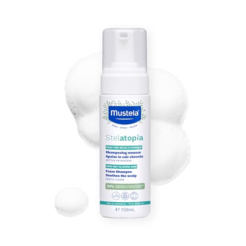Mustela Stelatopia Eczema-Prone Skin Foam Shampoo for Newborn & Baby with - with Natural Avocado & Sunflower Oil - Fragrance-Free & Tear Free - 5.07 fl. oz.