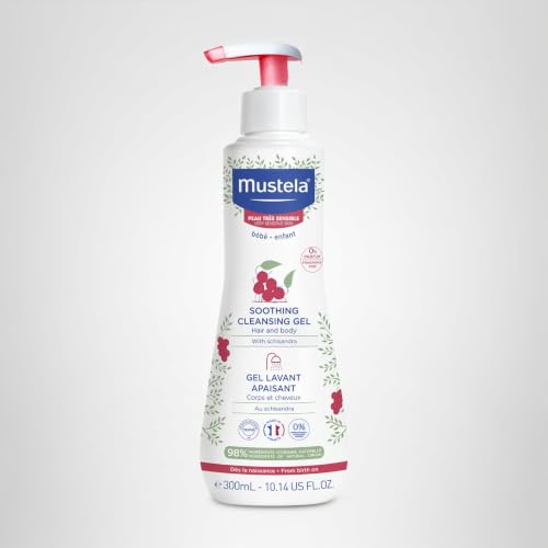 Mustela Baby Soothing Cleansing Gel - Fragrance-Free Hair & Body Wash for Very Sensitive Skin - with Natural Avocado Perseose & Schizandra Berry - 10.14 fl. oz.
