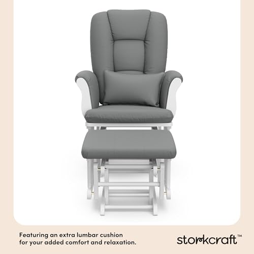 Storkcraft Tuscany Custom Glider and Ottoman with Free Lumbar Pillow (White/Grey) - Cleanable Upholstered Comfort Rocking Nursery Chair with Ottoman