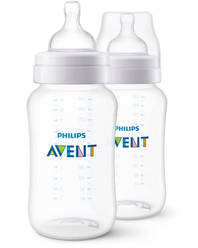 Philips Avent Anti-Colic Baby Bottle, Fast Flow 3 Nipple, 3m+, 11oz, 2 Pack, Clear, BPA-Free, SCY106/02
