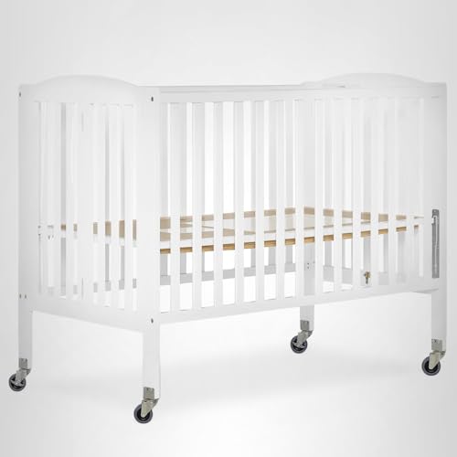 Dream On Me Folding Full Size Convenience Baby Crib with Durable Metal Wheels, Portable Space-Saving Design, 2 Adjustable Heights, Easy Fold Flat Storage, GREENGUARD Gold & BSA Certified, White