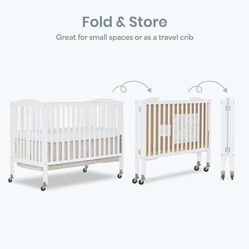 Dream On Me Folding Full Size Convenience Baby Crib with Durable Metal Wheels, Portable Space-Saving Design, 2 Adjustable Heights, Easy Fold Flat Storage, GREENGUARD Gold & BSA Certified, White
