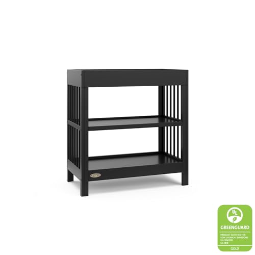 Graco Teddi Changing Table with Water-Resistant Changing Pad (Black) - GREENGUARD Gold Certified, Includes Bonus Water-Resistant Changing Pad with Safety Strap, 2 Shelves, Easy-to-Match