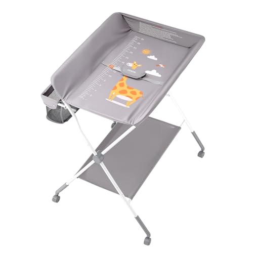 VEVOR Baby Changing Table, Foldable Diaper Change Station with Side Basket, Adjustable Height Changing Table with Lockable Wheels, Multi-Functional Nursery Storage Organizer, Gray