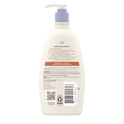 Aveeno Baby Calming Comfort Moisturizing Body Lotion with Relaxing Lavender & Vanilla Scents, Non-Greasy, Nourishing Prebiotic Oatmeal, No Added Parabens, 12 fl. oz