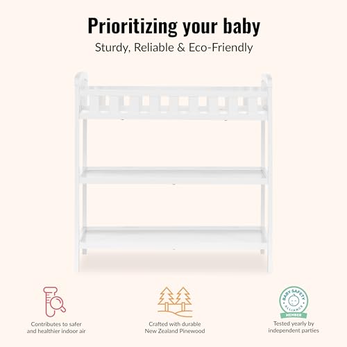 Dream On Me Emily Changing Table, Compact and Lightweight, Solid New Zealand Pinewood, Elevated Safety Rails, Two Storage Shelves, Includes Water-Resistant 1" Changing Pad — White