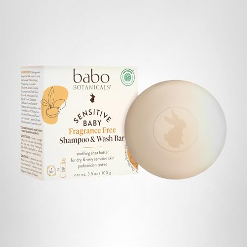 Babo Botanicals Sensitive Baby Fragrance-Free 2-in-1 Shampoo & Wash Bar - Shea Butter, Calendula & Aloe Vera - EWG Verified - Cruelty-Free - Vegan - Pediatrician Tested - For Babies & Kids