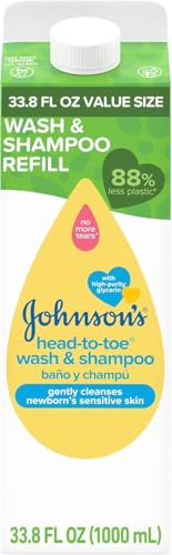 Johnson's Baby Head-To-Toe Body Wash and Shampoo Refill Duo, Tear-Free & Hypoallergenic Baby Body Wash & Shampoo for Newborn’s Sensitive Skin & Hair, Value Size Refill Bottles, 33.8 fl. oz
