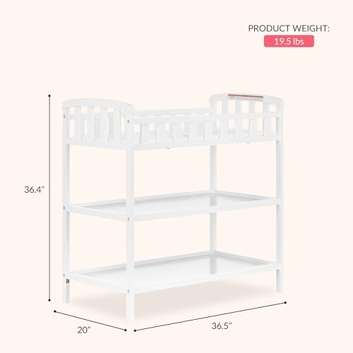 Dream On Me Emily Changing Table, Compact and Lightweight, Solid New Zealand Pinewood, Elevated Safety Rails, Two Storage Shelves, Includes Water-Resistant 1" Changing Pad — White