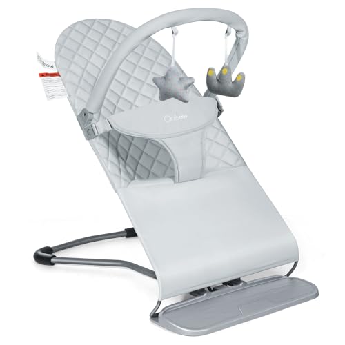 Orzbow Baby Bouncer, Portable Baby Bouncer Seat for 0-18 Months Up to 20 lbs - 3 Recline Positions, Foldable Infant Bouncy Seat with Removable Play Bar, Ergonomic Design, Grey