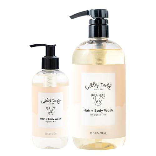 TUBBY TODD Hair + Body Wash - Baby Shampoo and Body Wash - Gentle, Natural Baby Wash for Newborns, Babies, and Toddlers - Non-Toxic and Hypoallergenic - Fragrance-Free, 2 Pack, 8.5oz & 25oz
