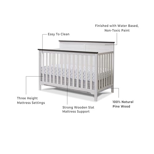 Sorelle Furniture Farmhouse 3-Piece Nursery Set with 4-in-1 Convertible Crib, 4-Drawer Dresser, and Changing Table with Shelves, Baby Furniture Made of Wood, Non-Toxic Finish-Chocolate and White