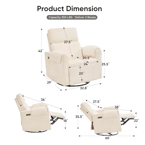Rhevoy Oversized Power Rocker Recliner Chair, 24" Extra Wide Swivel Recliner with Adjustable Headrest, Chenille Glider Rocking Nursery Chair with Overstuffed Armrest, USB Ports, Cream