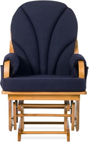Foundations Lullaby Wood Base Glider Rocker - Baby Feeding and Rocking Chair for Nursery, Daycare Environment - Nursery Rocking Chairs with Padded Foam Arm Rests - (Natural/Blue)