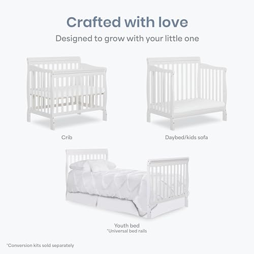 Dream On Me Aden 4-in-1 Convertible Mini Baby Crib, GREENGUARD Gold & BSA Certified, Sustainable Pinewood, Non-Toxic Finish, 3 Mattress Heights, Converts to Mini Day & Twin-Size Bed - White
