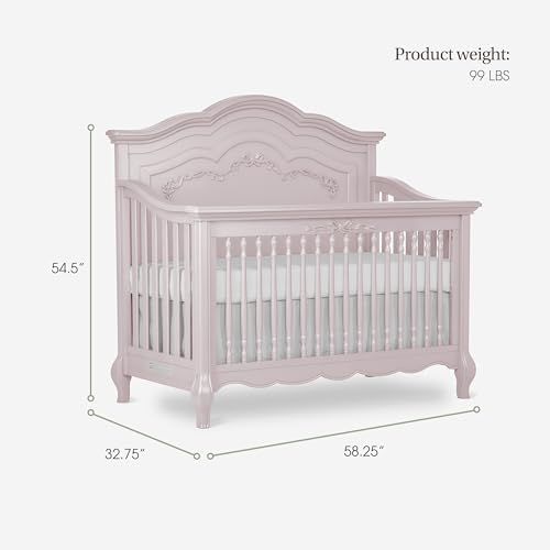 Evolur Aurora 5-in-1 Convertible Full-Size Baby Crib in Dusty Rose, 3 Mattress Heights, Ribbon Bow Scrollwork & Queen Anne Feet, Converts to Toddler, Day & Full-Size Bed