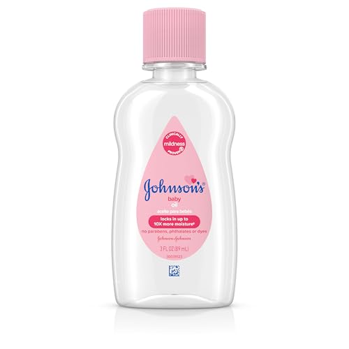 Johnson's Baby Oil, Pure Mineral Oil to Prevent Moisture Loss for Newborn, Kids, & Adults, Gentle, Soothing Baby Massage Oil, Dry Skin Relief, Hypoallergenic, Original Scent, Baby Essentials, 3 fl. oz