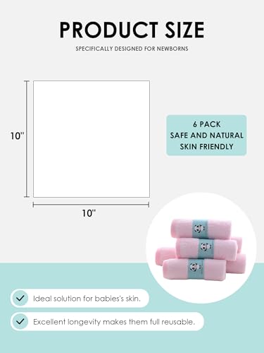HIPHOP PANDA Baby Washcloths, Rayon Made from Bamboo - 2 Layer Ultra Soft Absorbent Newborn Bath Face Towel - Reusable Baby Wipes for Delicate Skin - Pink, 6 Pack