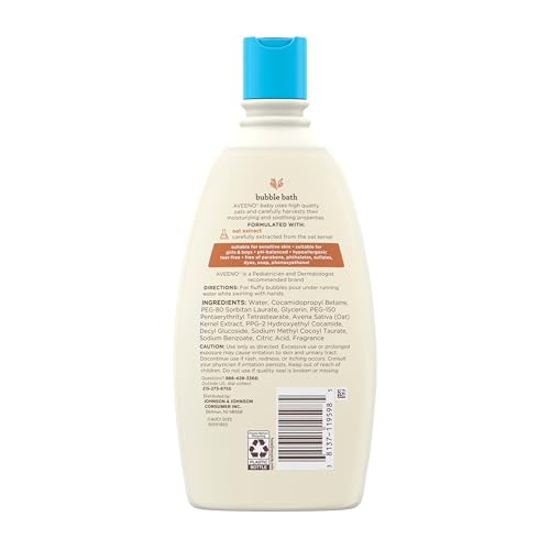 Aveeno Baby Sensitive Skin Bubble Bath with Oat Extract, Gently Cleanses and Leaves Skin Feeling Hydrated, Tear-Free Formula, Hypoallergenic, Paraben-, Phthalate-, Soap- & Dye-Free, 19.2 fl. Oz
