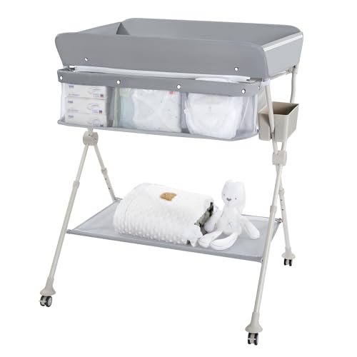 BABY SKYE Diaper Changing Table Portable with Wheels Foldable Diaper Station Organizer & Storage Rack Newborn and Baby (Light Grey)