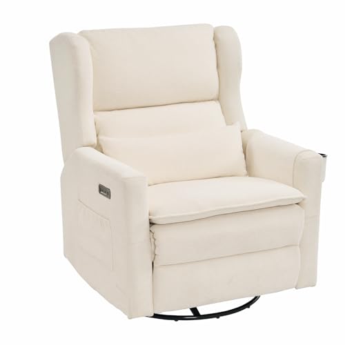 RUTOX Power Recliner Chair Swivel Glider with Adjustable Headrest，Oversized Swivel Rocker Recliner with Lumbar Support, Upholstered Nursery Glider Recliner for Living Room,White