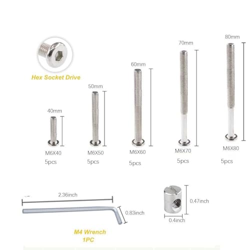 Crib Screws Hardware Replacement Kit- Baby Bed Frame Bolts &Barrel Nuts Set for Delta/Graco/Dream,M6x40mm/50mm/60mm/70mm/80mm Hex Drive Socket Cap Screws Barrel Nuts.(Silver-25set)