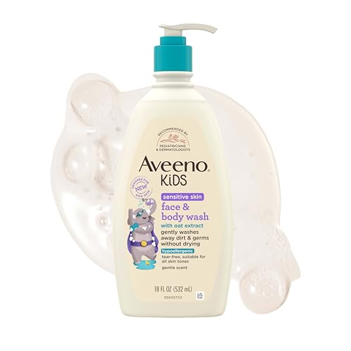 Aveeno Kids Sensitive Skin Face & Body Wash, Nourishing Oat Extract, Wash Away Dirt and Germs Without Drying, Kids Body Wash is Tear-Free, Hypoallergenic, Sulfate- & Dye-Free, 18 Fl Oz