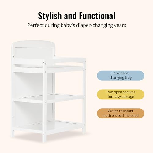 Dream On Me Anna 3-in-1 Convertible Full-Size Baby Crib & Changer with Storage in White, GreenGuard Gold & BSA, Pinewood, Converts to Day & Toddler Bed, 3 Mattress Heights, 1″ Changing Pad