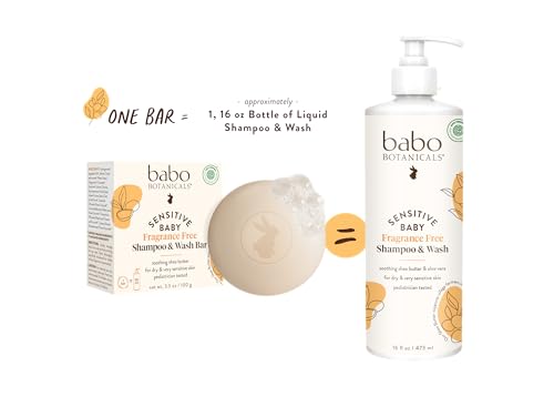 Babo Botanicals Sensitive Baby Fragrance-Free 2-in-1 Shampoo & Wash Bar - Shea Butter, Calendula & Aloe Vera - EWG Verified - Cruelty-Free - Vegan - Pediatrician Tested - For Babies & Kids
