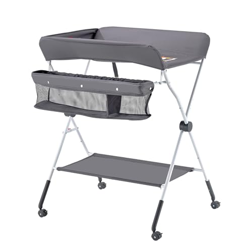 VEVOR Baby Changing Table, Foldable Diaper Change Station with Side Basket, Adjustable Height Changing Table with Lockable Wheels, Multi-Functional Nursery Storage Organizer, Dark Gray