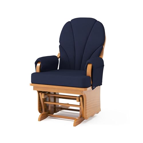Foundations Lullaby Wood Base Glider Rocker - Baby Feeding and Rocking Chair for Nursery, Daycare Environment - Nursery Rocking Chairs with Padded Foam Arm Rests - (Natural/Blue)