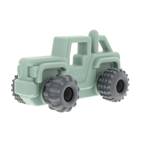 Nuby Silicone Teether Toy for Babies - Textured Teething Green Jeep Car with Moving Wheels - Soothes Sore Gums - Encourages Tactile Development and Hand-Eye Coordination - Ages 6+ Months