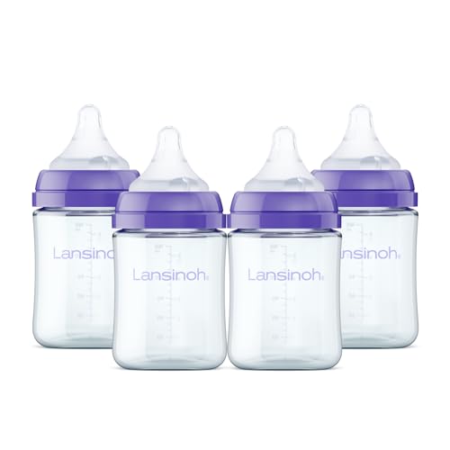 Lansinoh Anti-Colic Glass Baby Bottles, 5 Ounces, 4 Count, Includes 4 Extra Slow Flow Nipples (Size XS, Newborn), Baby Essentials