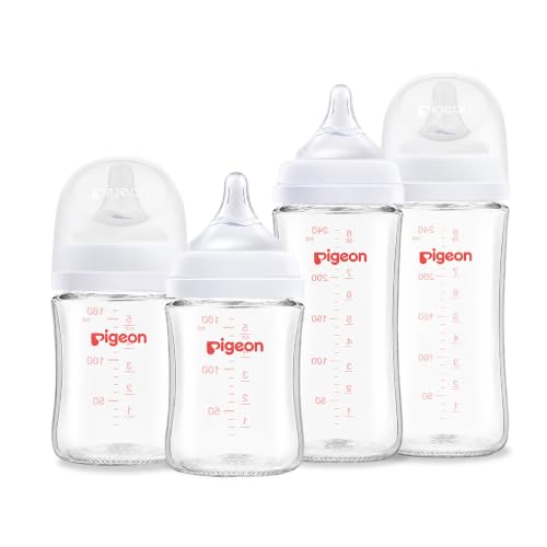 Pigeon Glass Nursing Baby Bottle Wide Neck(Pack of 4), Streamlined Body, Natural Feel, Easy to Clean, Heat-Resistant, 5.4Oz and 8.1 Oz